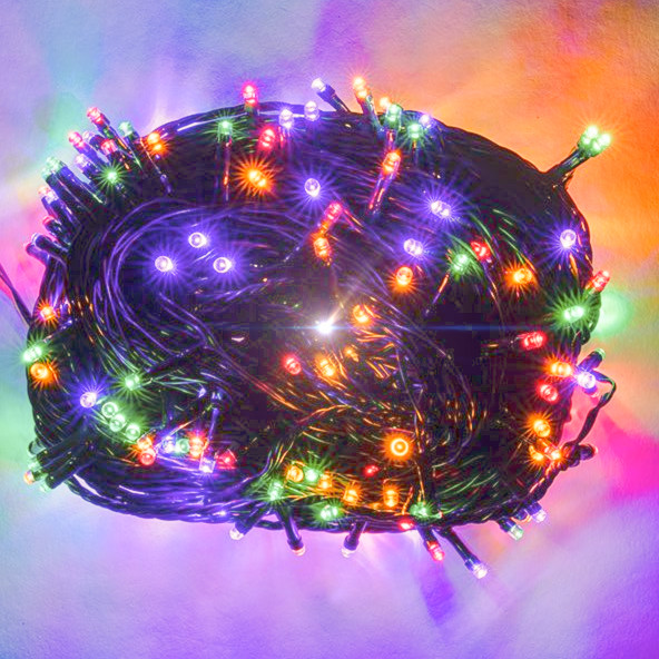 LED Svetelná reťaz 20m, 100 diód, multicolor, tmavozelený k. s transformátorom